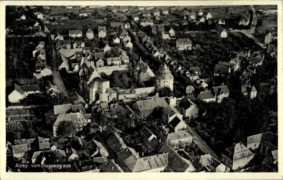 Postcard Alzey in Rheinhessen, aerial view of houses, streets, trees, not labeled