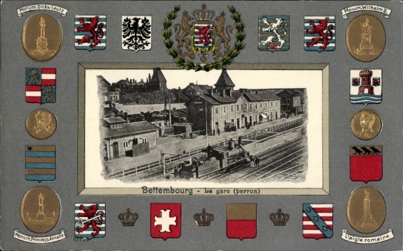 Embossed coat of arms passepartout Postcard Bettemburg Bettemburg Luxembourg, Gare, Perron