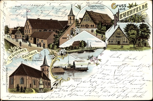 Chromo-Litho Hamburg Harburg Neuenfelde, farmhouse farm owner P. Stehr, church, inn