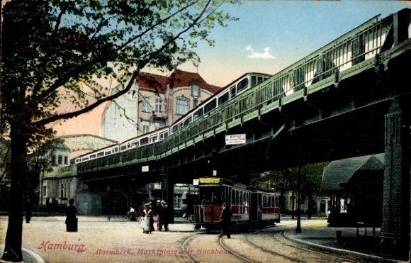 Postcard Hamburg Nord Barmbek, market square with elevated railway, tram