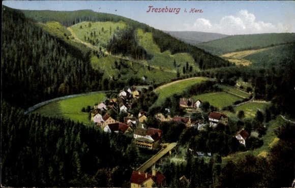 Ak Treseburg Thale im Harz, Totalansicht der Ortschaft, Berg