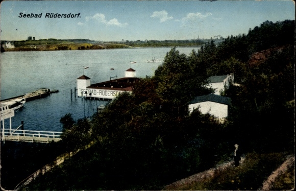 Ak Rüdersdorf bei Berlin, Seebad  malerische Landschaft, Steg, Boote, Gebäude