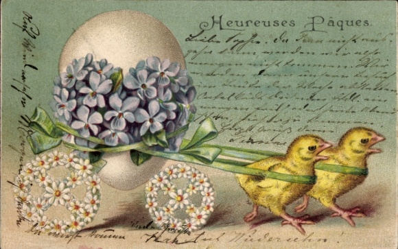 Chromo-Litho Congratulations Easter, chicks pulling Easter egg on a cart, violets