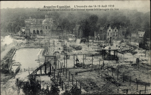 Postcard Bruxelles Brussels, World Exhibition 1910, Incendie, Panorama de Kermesse