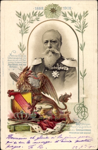 Präge Wappen Passepartout Litho Großherzog Friedrich I. von Baden, Portrait
