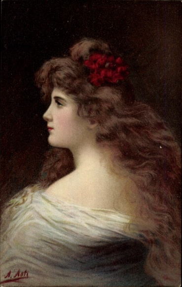 Artist Postcard Asti, Angelo, portrait of a young woman with long brunette hair