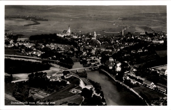 Postcard Donauwörth in Swabia Bavaria, aerial view of numerous buildings, river, landscape