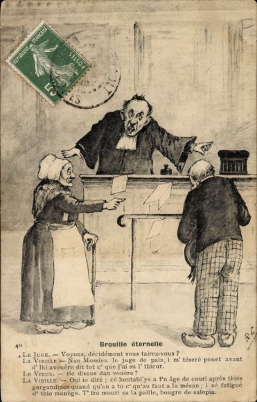 Artist Postcard couple standing before the court, court hearing