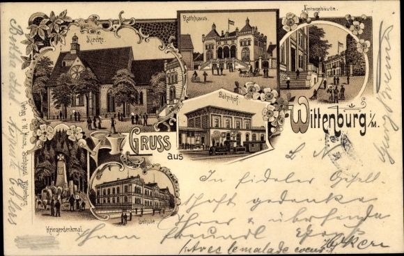 Chromo-Litho Wittenburg in Mecklenburg, church, town hall, train station, office building, school, war memorial