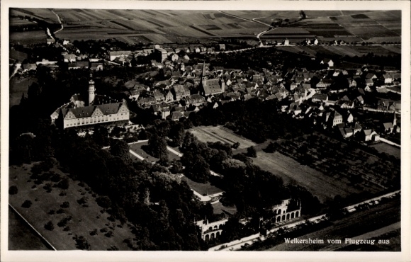 Postcard Weikersheim, aerial photograph of the city, parks