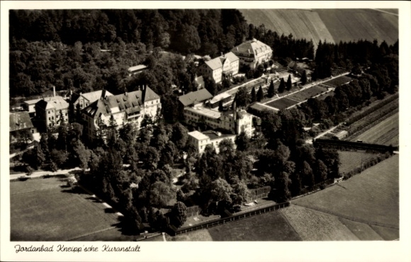 Postcard Jordanbad Biberach an der Riß in Upper Swabia, aerial view of the spa, trees and fields