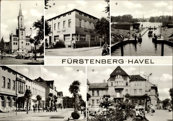 Postcard Fürstenberg an der Havel, church, HO-Gaststätte Rats-Cafe, lock, town hall