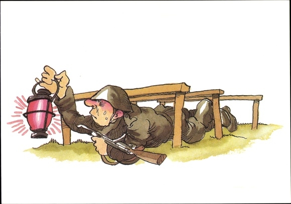 Artist Postcard Muzeniek, Peter, NVA soldier during field exercise, lantern, military trade organization