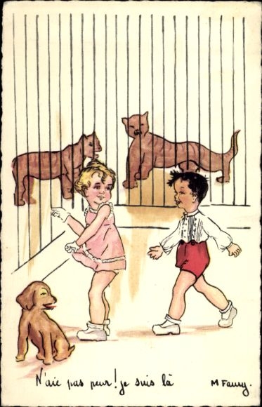 Artist Postcard Children in the Zoological Garden, Dog, Big Cats