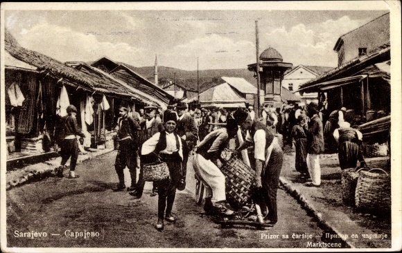 Postcard Sarajevo Bosnia Herzegovina, market square with market stalls