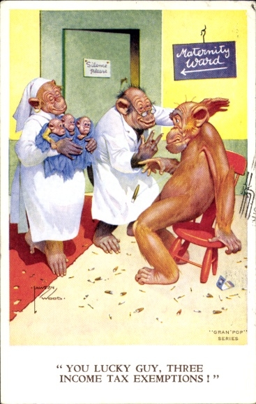 Artist Postcard Wood, L., Humanized Apes, Doctor, Nurse, Three Baby Monkeys