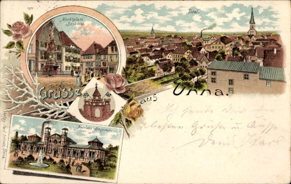 Wappen Litho Unna im Ruhrgebiet, Marktplatz, Denkmal, Badehaus, Königsborn, Totalansicht von Ort