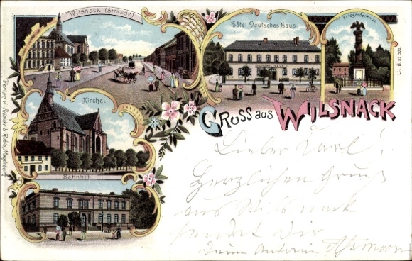 Chromo-Litho Bad Wilsnack in the Prignitz, church, train station, Hotel Deutsches Haus, war memorial