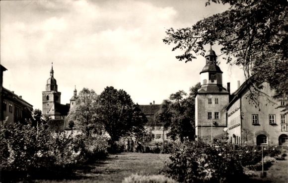 Postcard Bad Tennstedt in Thuringia, town hall, building, garden, clouds