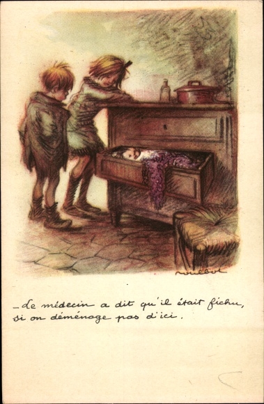 Artist Postcard Poulbot, Franciscque, Baby im Schubkasten, The doctor said he was done for