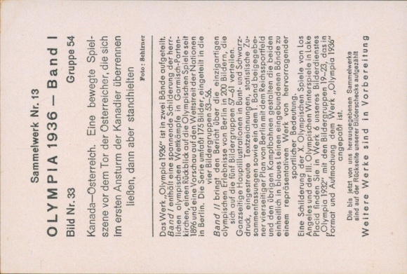 Collector's card Olympics 1936, ice hockey game Canada vs. Austria