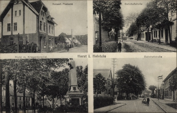 Ak Horst in Sleeswijk-Holstein, markt, oorlogsmonument, Bahnhofstrasse, keizerlijk postkantoor