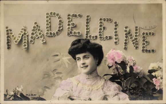 Letters Postcard First Name Madeleine, Smiling Woman, Flowers