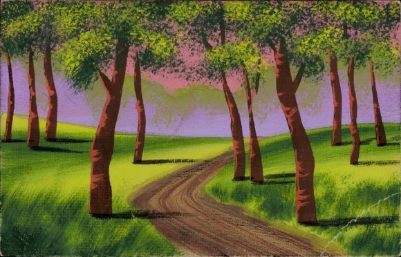 Hand-painted picture forest path, mountains