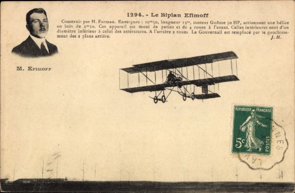 Postcard civil aircraft, biplane Efimoff, aviation pioneer