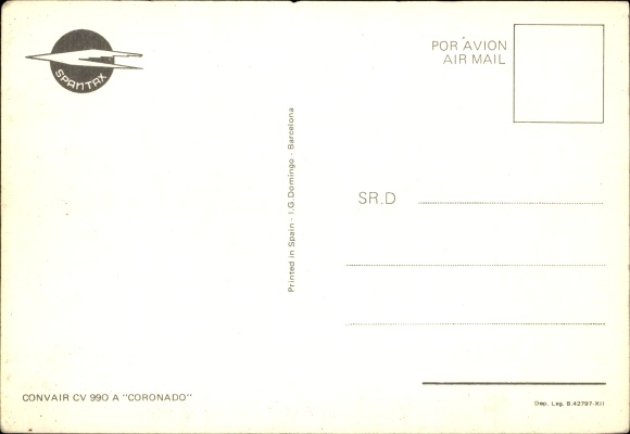 Postcard Spanish passenger aircraft of Spantax, Convair CV 990 A Coronado