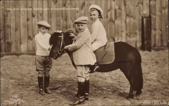 Postcard Three eldest sons of the crown prince couple, pony