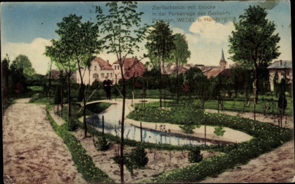 Ak Wedel an der Elbe, Zierfischteich mit Brücke, Parkanlage des Gastwirts Petersen