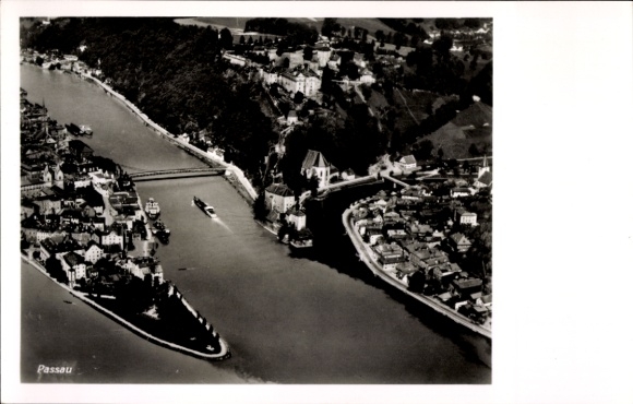 Postcard Passau in Lower Bavaria, aerial view of rivers, bridges, buildings