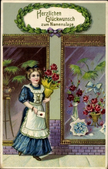 Postcard Happy Name Day, Woman Coming Out of Flower Shop