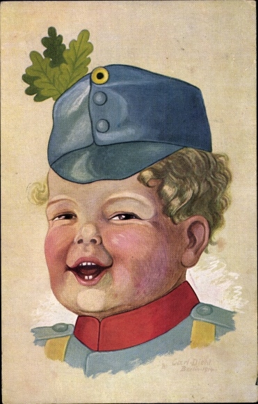 Kunstenaarskaart Diehl, Carl, portret van een jongen in uniform, krullen, eikenbladeren, bergtroepen