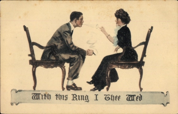 Postcard With this Ring i thee wed, man blowing a smoke ring around a woman's finger