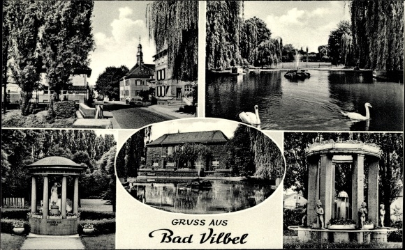 Ak Bad Vilbel in Hessen, Kurhaus Restaurationsbetrieb Peter Heimig, vijver, zwanen, fontein