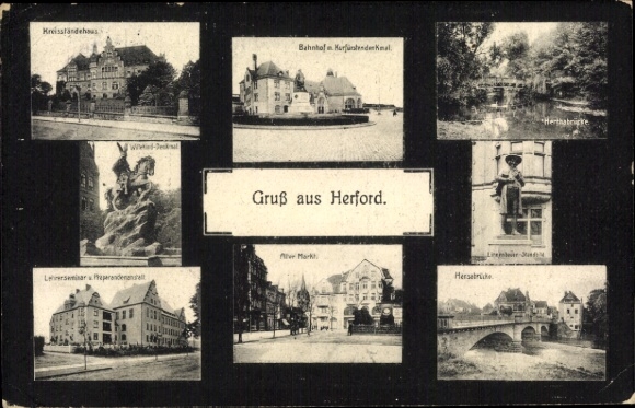 Postcard Herford in Westphalia, train station, electoral monument, district estate house, old market, bridge, seminar