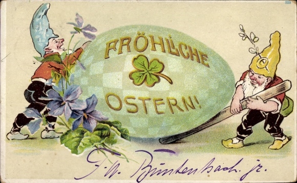 Ak Altfriedstein Niederlößnitz Radebeul, G.M. Bünten zwei Wichtelmänner, Osterei, Blumen