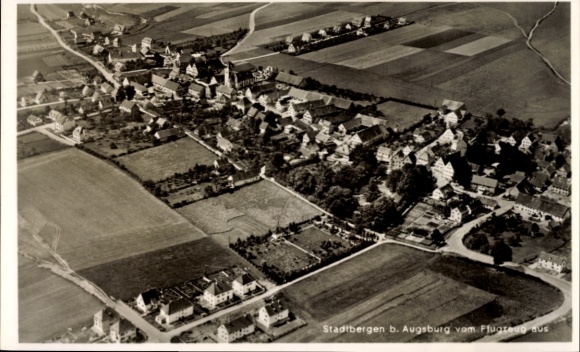 Postcard Stadtbergen near Augsburg in Swabia, aerial view of Stadtbergen, residential areas, fields, streets