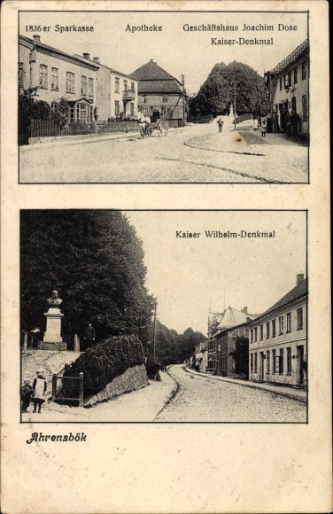 Ak Ahrensbök in Ostholstein, 1836er Sparkasse, Apotheke, Geschäftshaus Joachim Dose, Denkmal