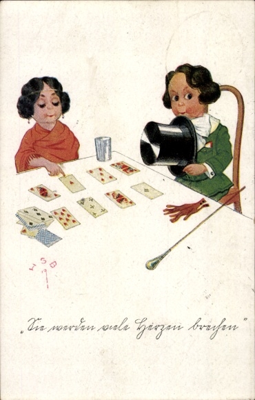 Postcard Fortune Teller at the Table, Playing Cards, Child with Top Hat