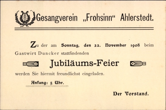 Postcard Ahlerstedt in Lower Saxony, singing club Frohsinn, invitation to the anniversary celebration