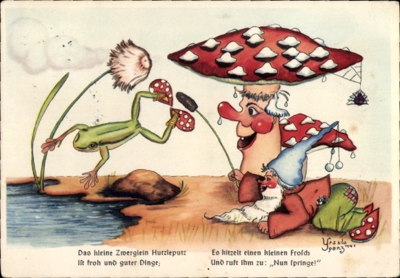 Artist Postcard Ursula Spenz, The little dwarf Hutzleputz, fly agaric, frog