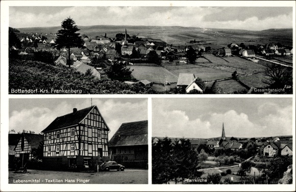 Postcard Bottendorf community Burgwald Kr Frankenberg Hessen, parish church, food Hans Finger