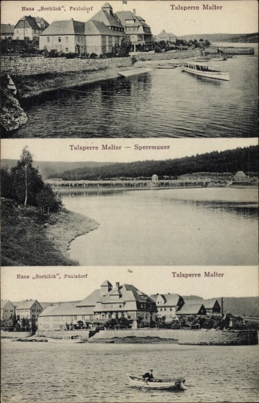 Postcard Malter Dippoldiswalde in the Eastern Ore Mountains, dam, barrier wall, house Seeblick, Paulsdorf
