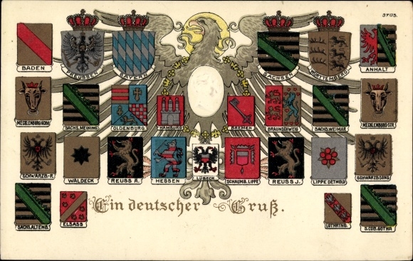 Embossed Coat of Arms Chromo-Litho A German Salute, Kaiser Wilhelm II, Anhalt, Saxony, Hamburg, Bavaria
