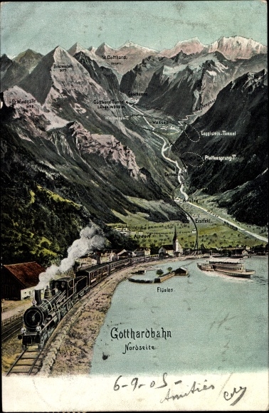 Postcard Flüelen Kt. Uri Switzerland, Gotthardbahn, Erstfeld, Dammastock, Leckihorn, Galenstock