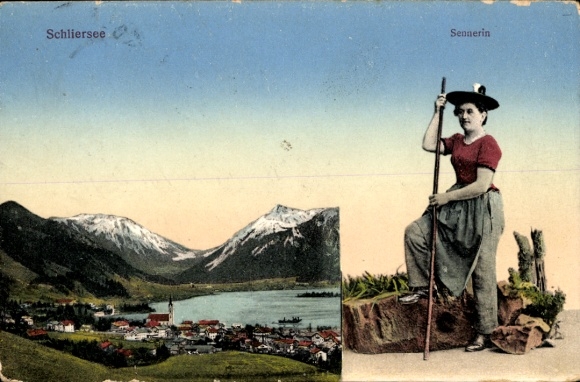 Postcard Schliersee in Upper Bavaria, mountain landscape, dairymaid,