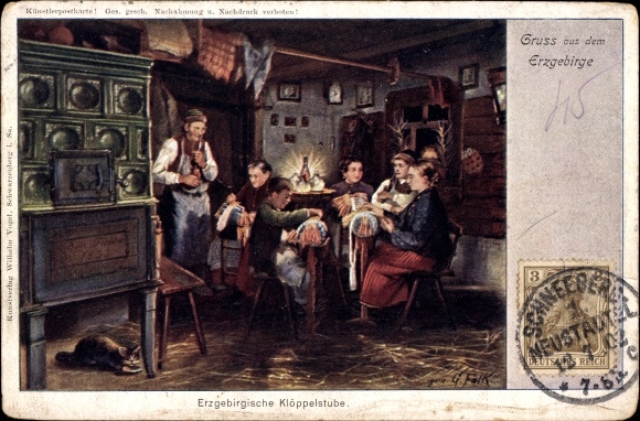 Artist Postcard Falk, G., Erzgebirge lacemaking studio, tiled stove